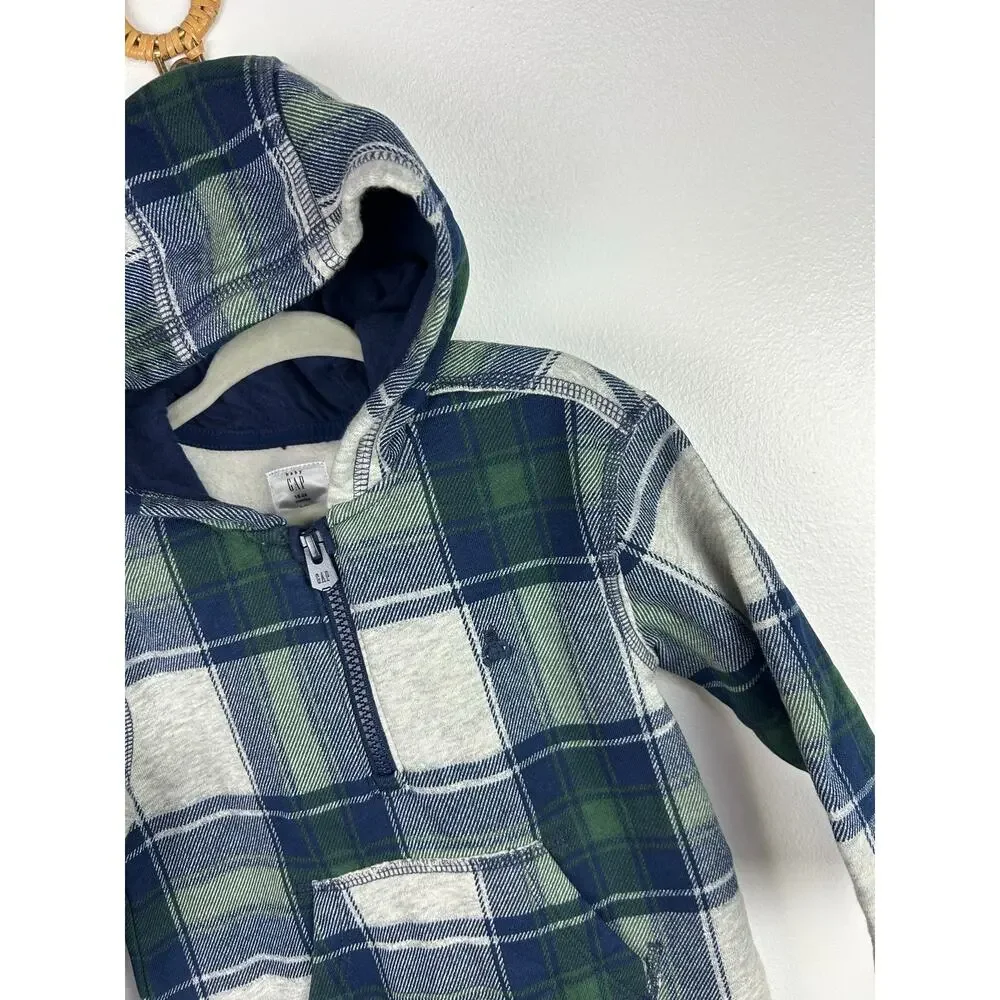 Baby Gap Navy Green Plaid Hooded One-Piece Outfit Embroidered Bear 18-24 Months
